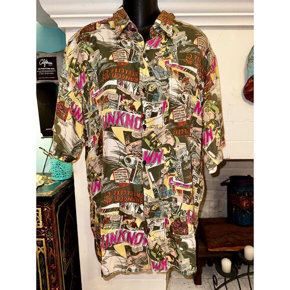 80's UNISEX SILK COMIC SHIRT 1953 JOHN BELACASTRO STRANGERS ON SATELLITE C - Picture 1 of 8